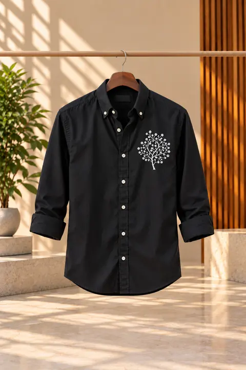 Embroidery Cotton Shirt in black, on a hanger