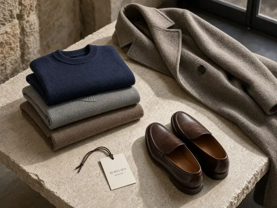 Folded knits, a wool coat, and loafers on a limestone atelier table