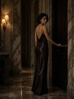 Bias-cut espresso silk dress in a marble hallway