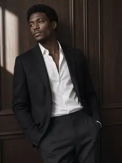 Black wool blazer against walnut panelling