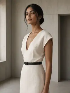 Ivory linen column dress in a concrete gallery